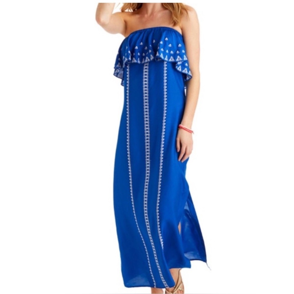 Vineyard Vines Blue Strapless Silk Blend Maxi Dress Ruffle Resort Size 4
